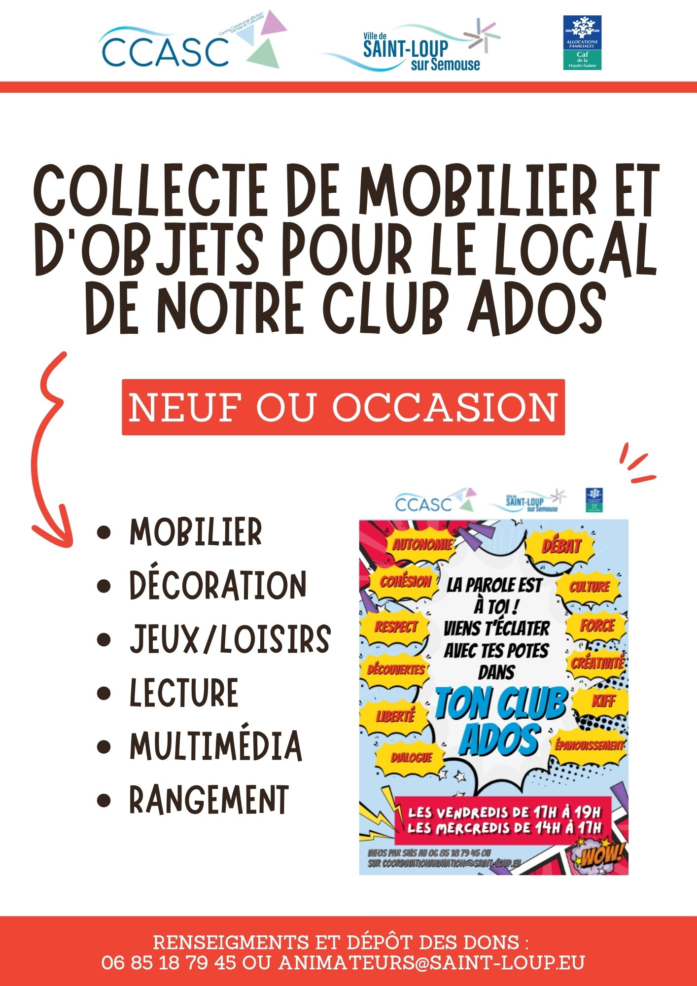 Appel aux dons – Local de notre club Ados – CCASC VALIDE